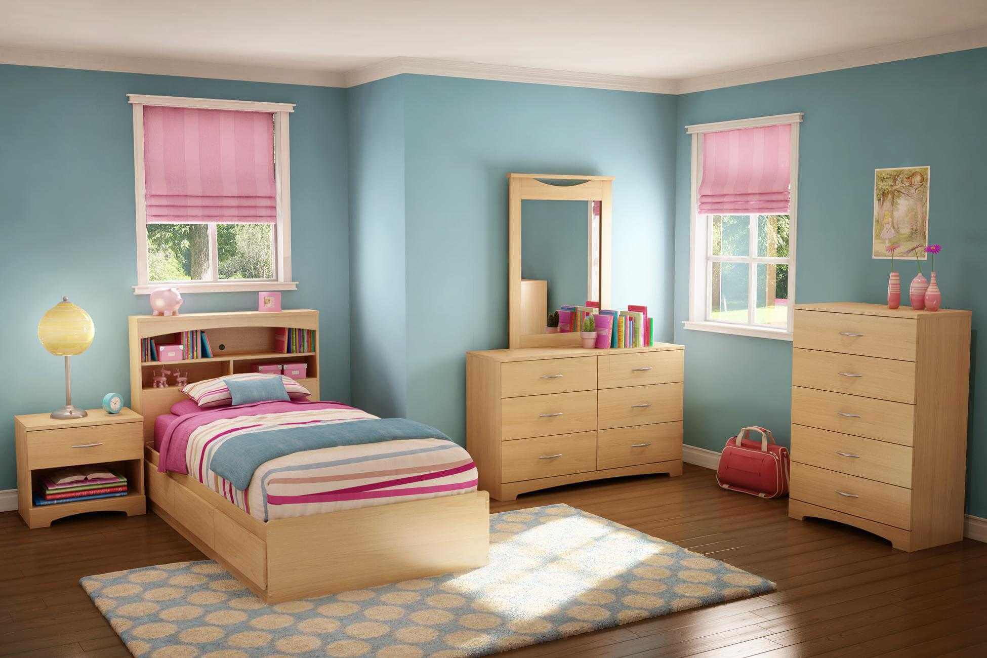 Trang Trí Phòng Ngủ Dễ Thương Đơn Giản với màu xanh lam và hồng
